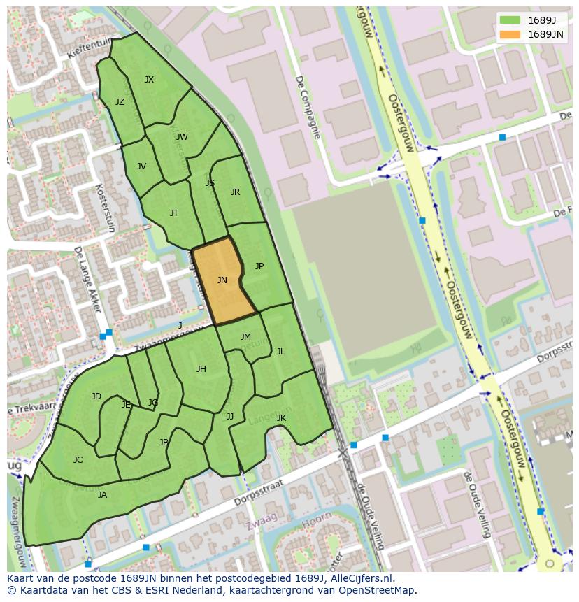 Afbeelding van het postcodegebied 1689 JN op de kaart.