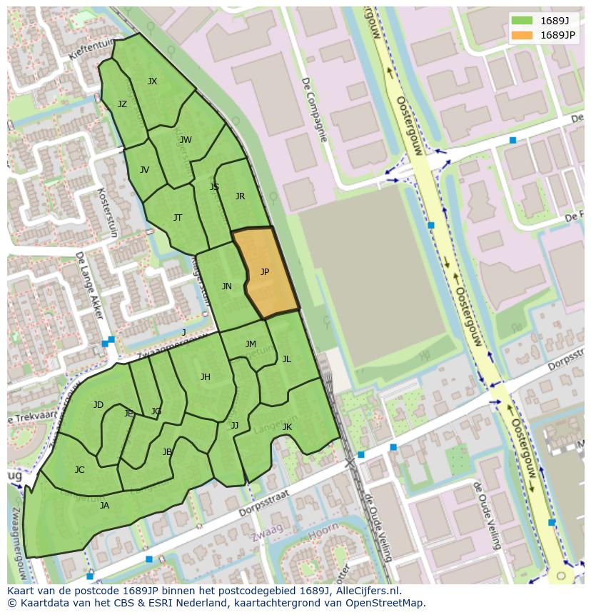 Afbeelding van het postcodegebied 1689 JP op de kaart.
