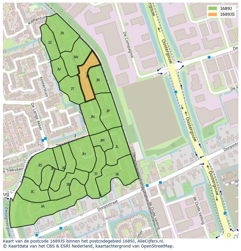 Afbeelding van het postcodegebied 1689 JS op de kaart.