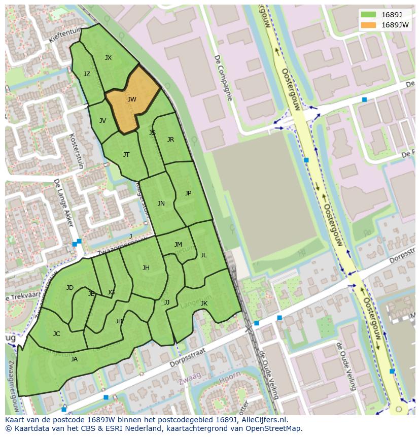 Afbeelding van het postcodegebied 1689 JW op de kaart.