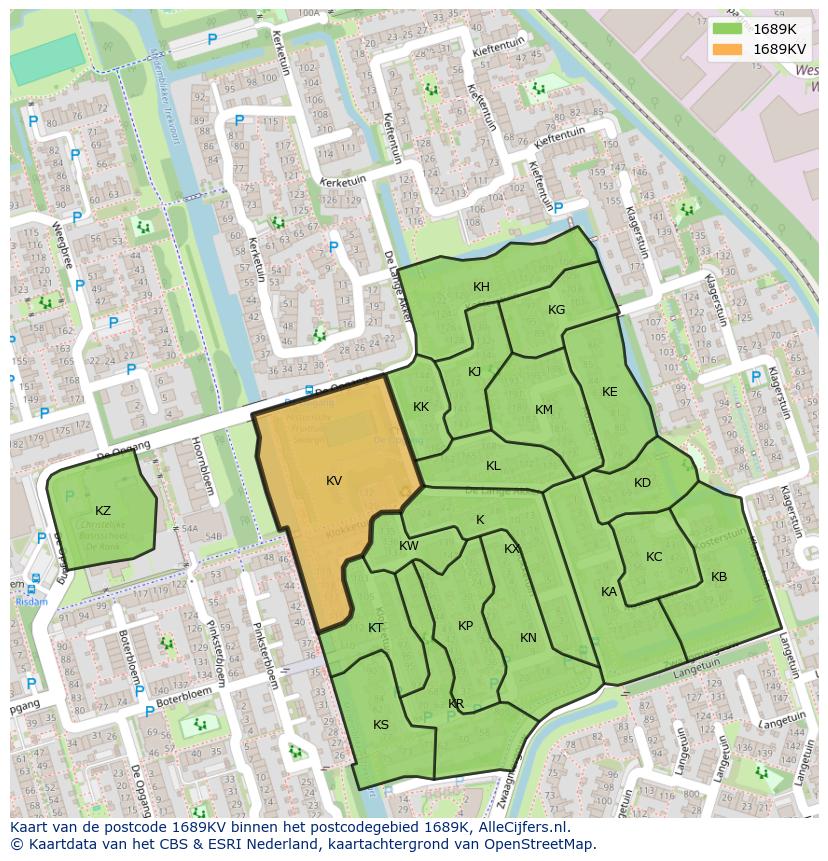 Afbeelding van het postcodegebied 1689 KV op de kaart.