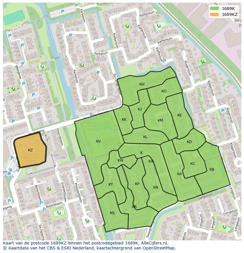Afbeelding van het postcodegebied 1689 KZ op de kaart.