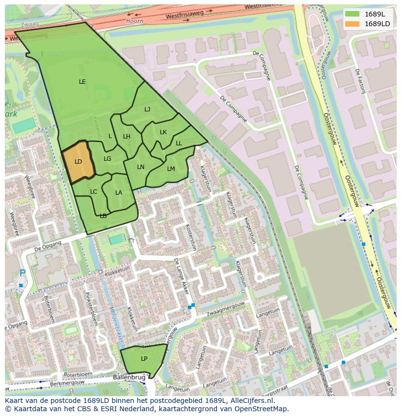 Afbeelding van het postcodegebied 1689 LD op de kaart.