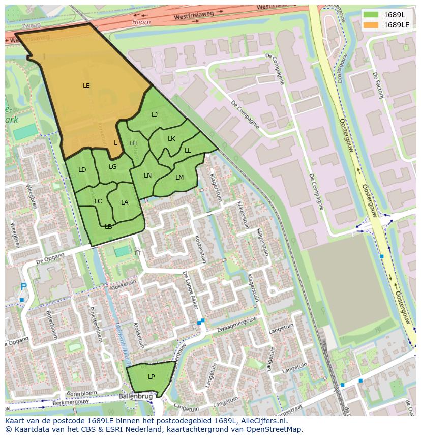 Afbeelding van het postcodegebied 1689 LE op de kaart.