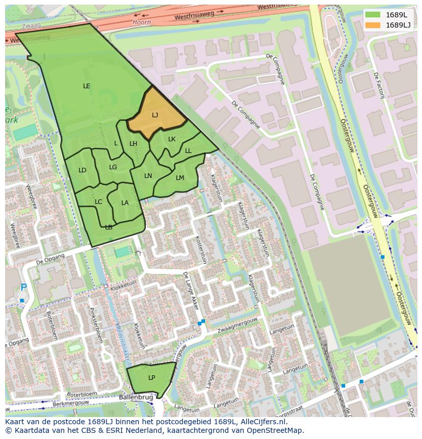 Afbeelding van het postcodegebied 1689 LJ op de kaart.