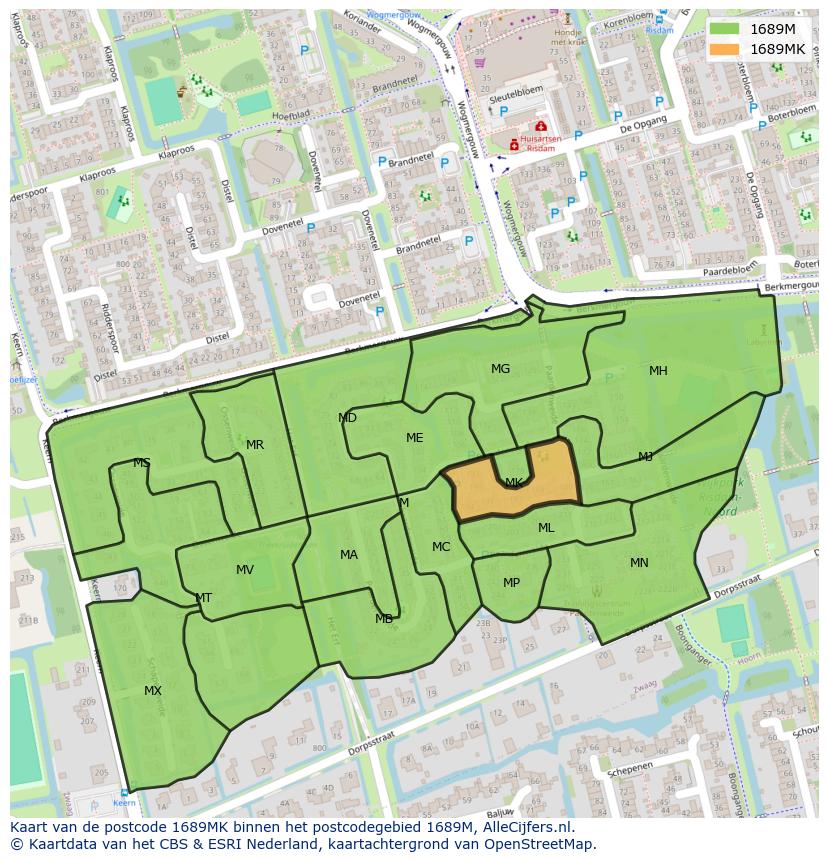 Afbeelding van het postcodegebied 1689 MK op de kaart.