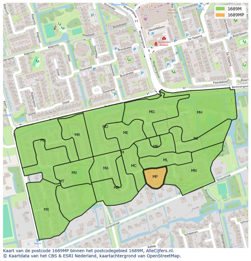 Afbeelding van het postcodegebied 1689 MP op de kaart.