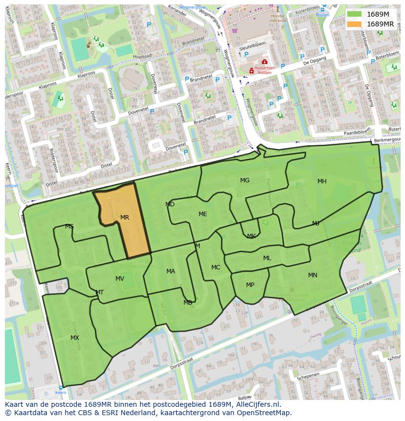 Afbeelding van het postcodegebied 1689 MR op de kaart.