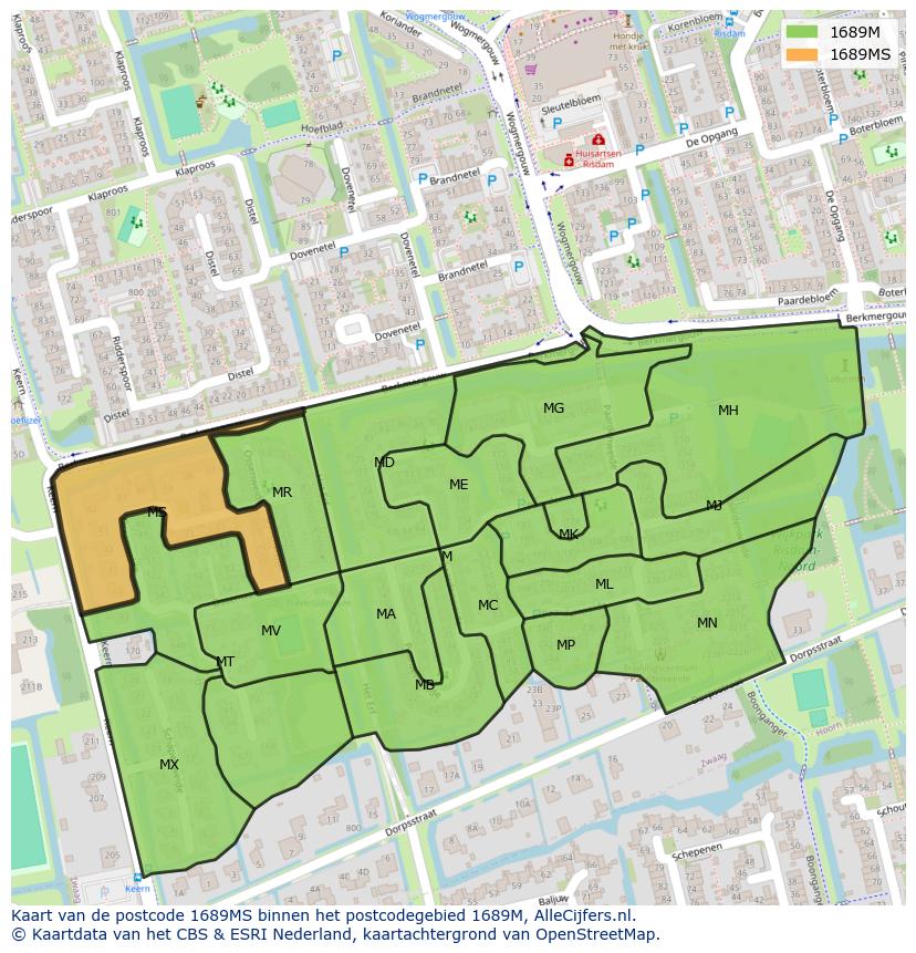 Afbeelding van het postcodegebied 1689 MS op de kaart.