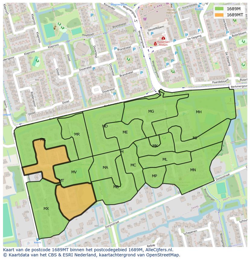 Afbeelding van het postcodegebied 1689 MT op de kaart.
