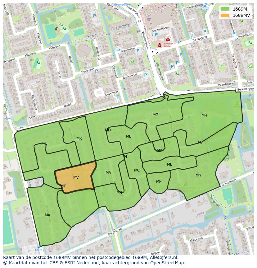 Afbeelding van het postcodegebied 1689 MV op de kaart.