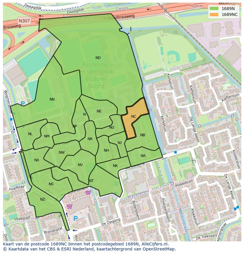 Afbeelding van het postcodegebied 1689 NC op de kaart.