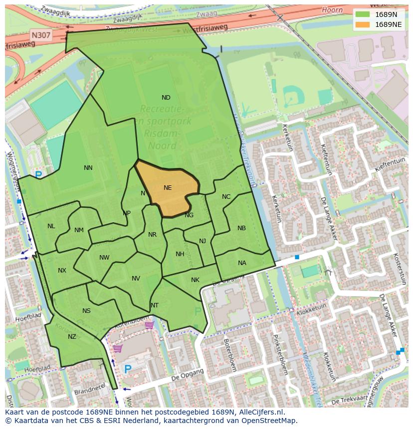 Afbeelding van het postcodegebied 1689 NE op de kaart.