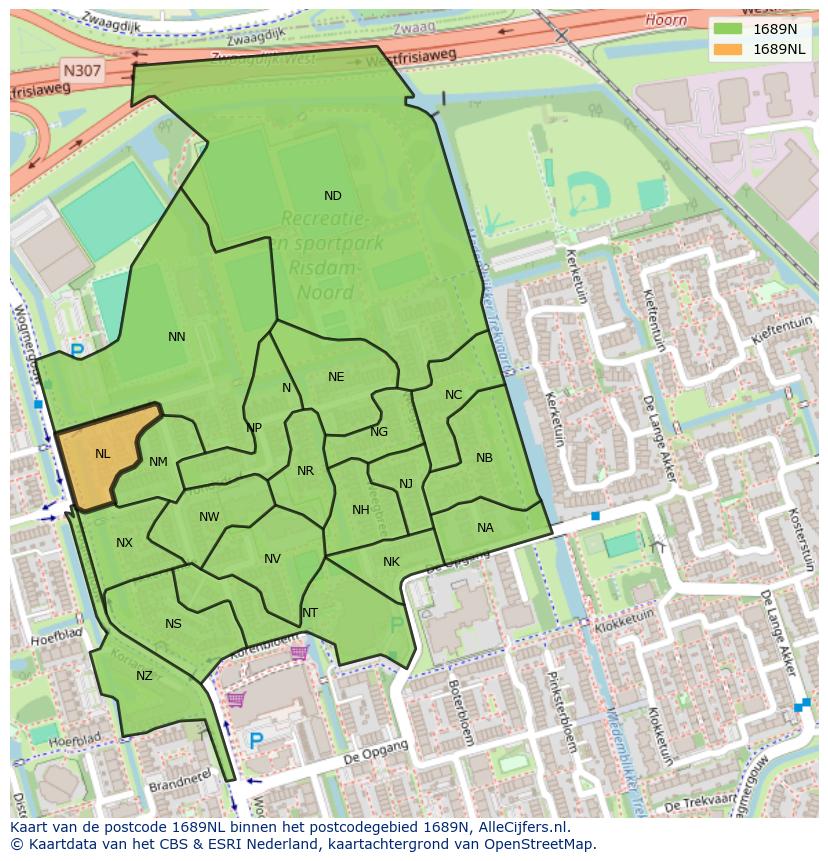 Afbeelding van het postcodegebied 1689 NL op de kaart.