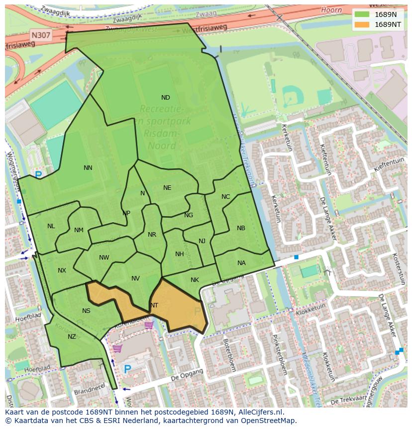 Afbeelding van het postcodegebied 1689 NT op de kaart.