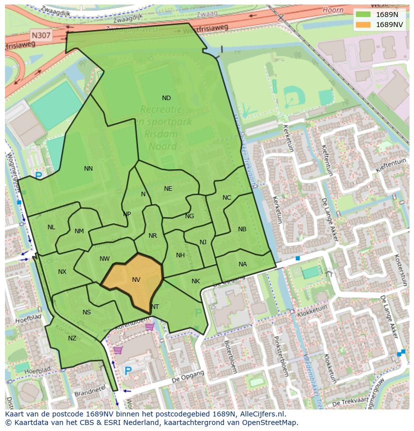 Afbeelding van het postcodegebied 1689 NV op de kaart.