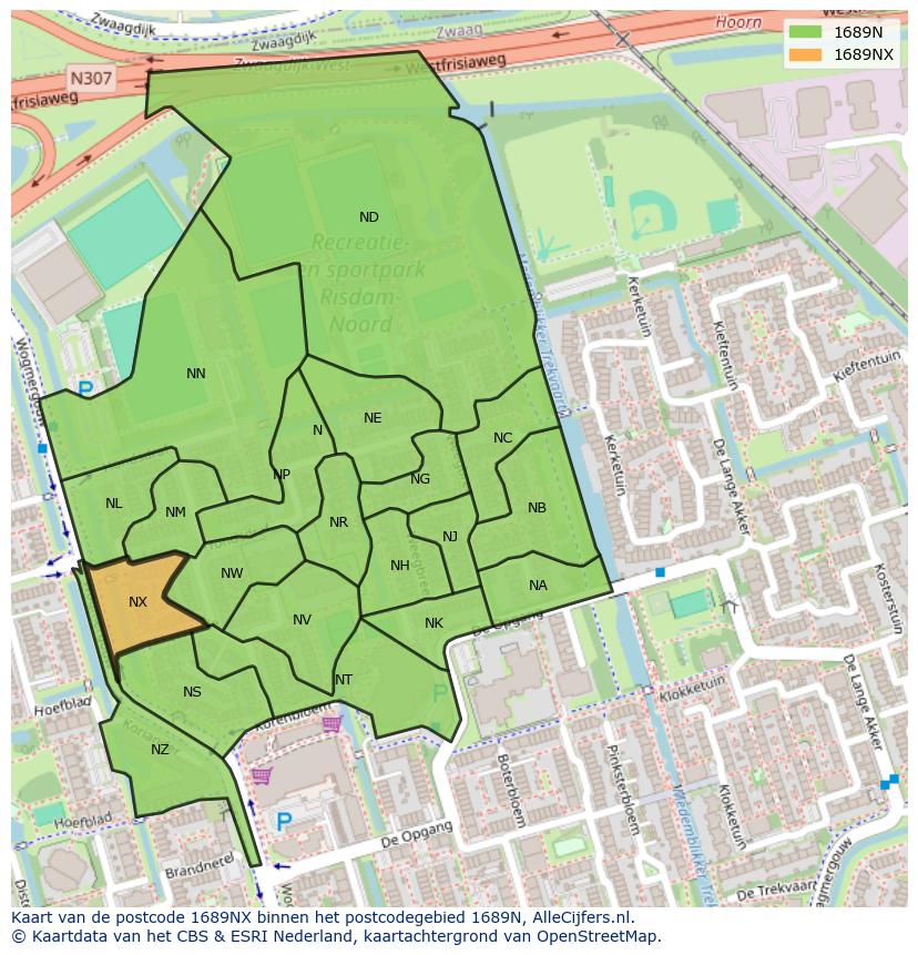 Afbeelding van het postcodegebied 1689 NX op de kaart.