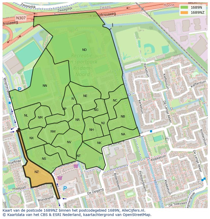 Afbeelding van het postcodegebied 1689 NZ op de kaart.