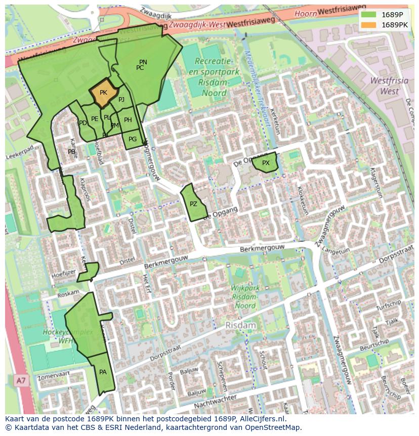 Afbeelding van het postcodegebied 1689 PK op de kaart.