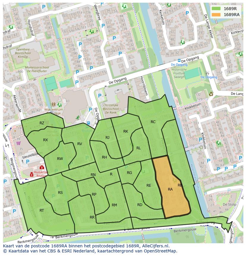 Afbeelding van het postcodegebied 1689 RA op de kaart.