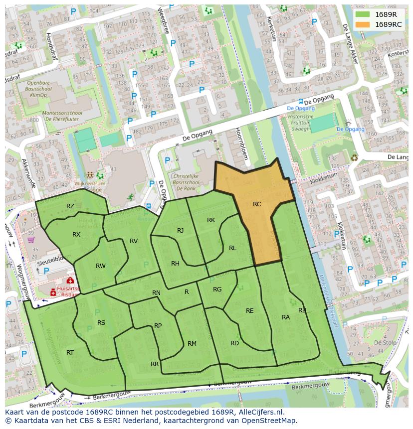 Afbeelding van het postcodegebied 1689 RC op de kaart.