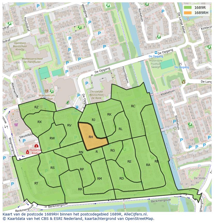 Afbeelding van het postcodegebied 1689 RH op de kaart.