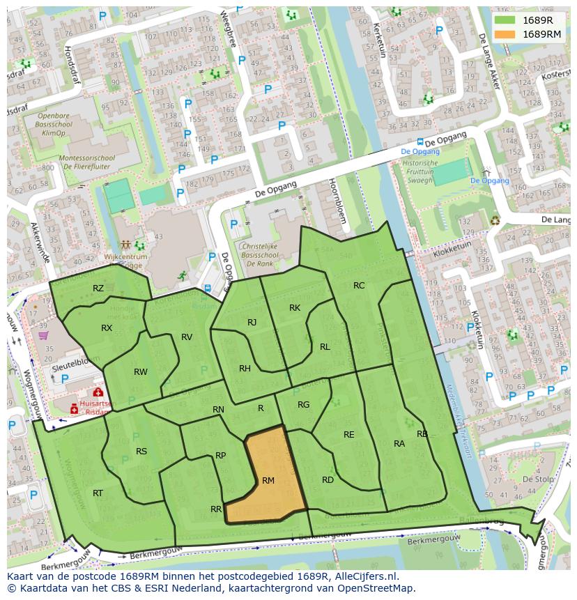 Afbeelding van het postcodegebied 1689 RM op de kaart.