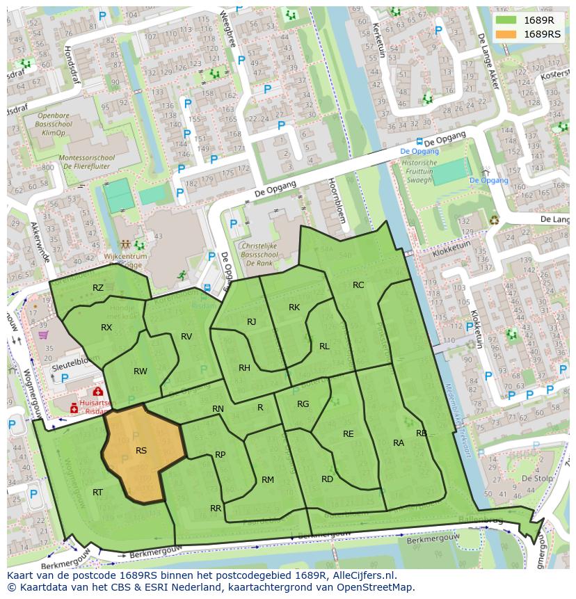 Afbeelding van het postcodegebied 1689 RS op de kaart.