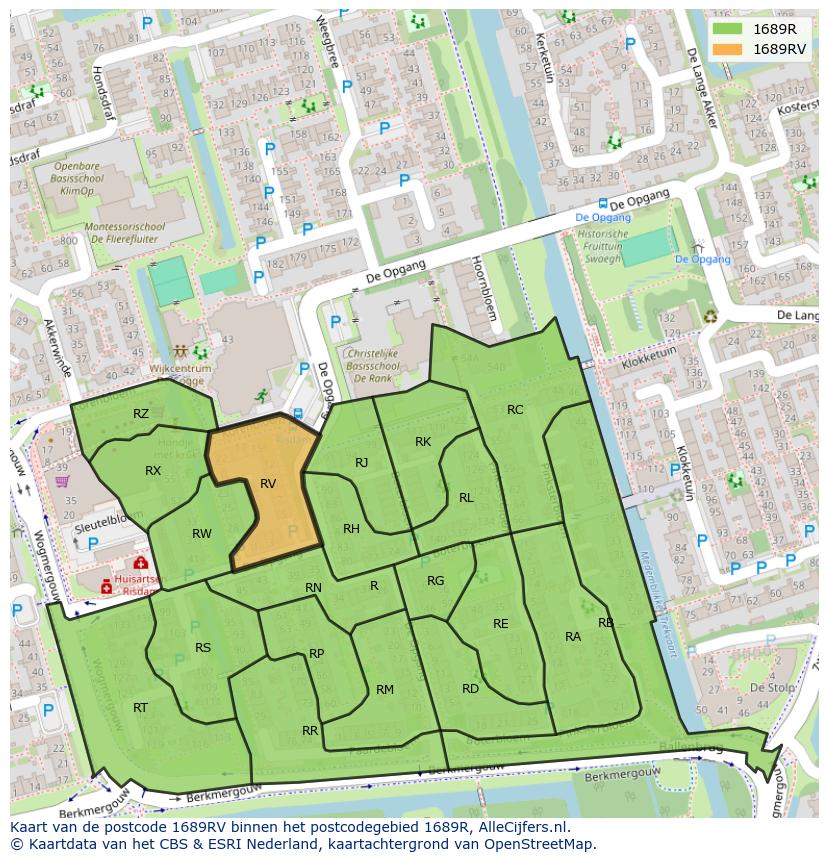 Afbeelding van het postcodegebied 1689 RV op de kaart.