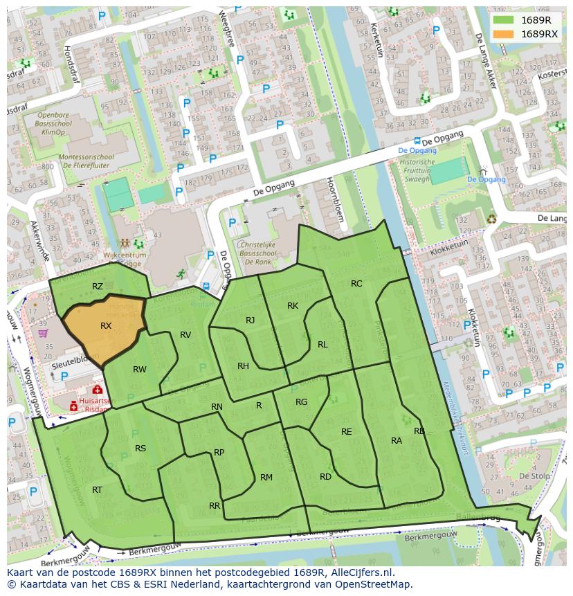 Afbeelding van het postcodegebied 1689 RX op de kaart.