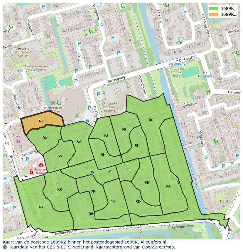 Afbeelding van het postcodegebied 1689 RZ op de kaart.