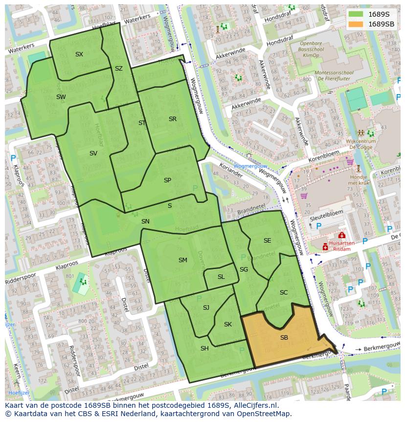 Afbeelding van het postcodegebied 1689 SB op de kaart.