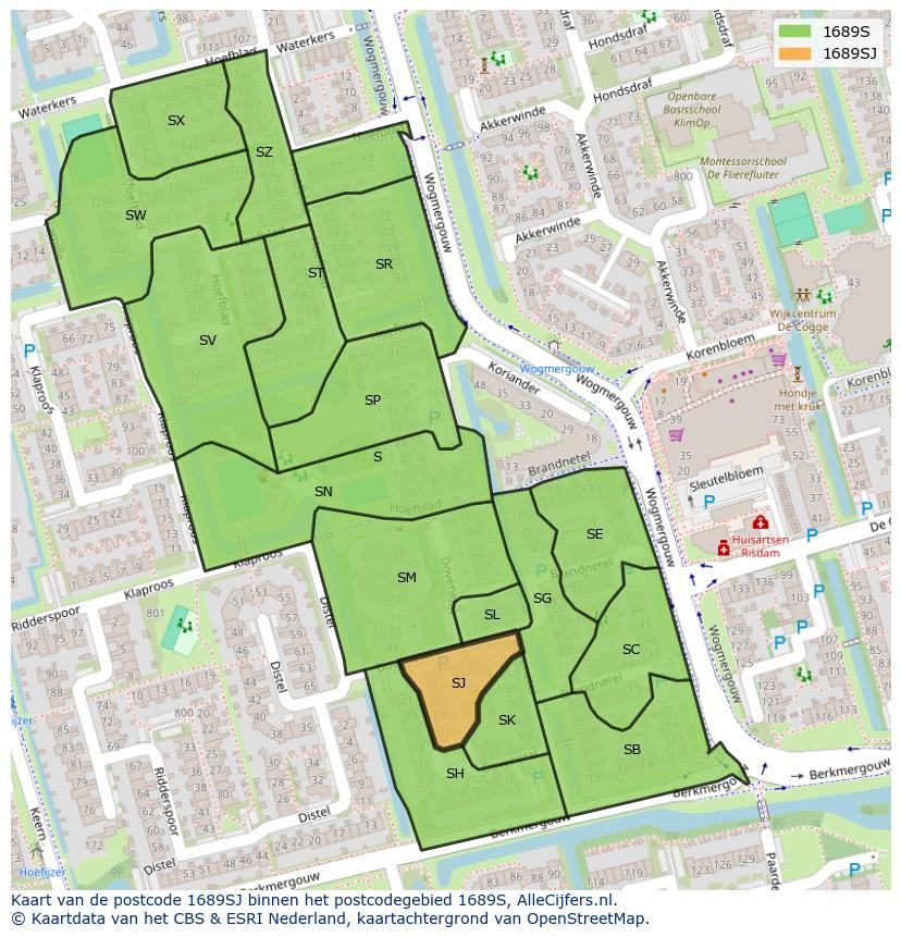 Afbeelding van het postcodegebied 1689 SJ op de kaart.