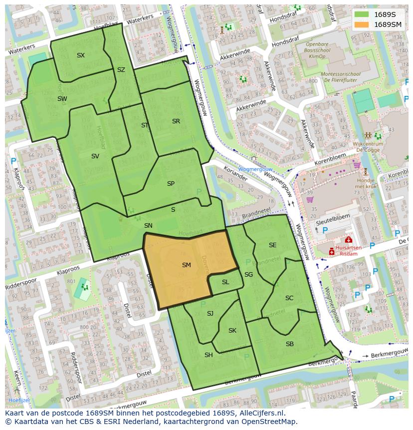 Afbeelding van het postcodegebied 1689 SM op de kaart.