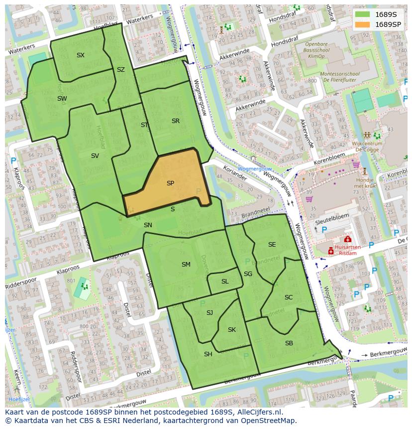 Afbeelding van het postcodegebied 1689 SP op de kaart.
