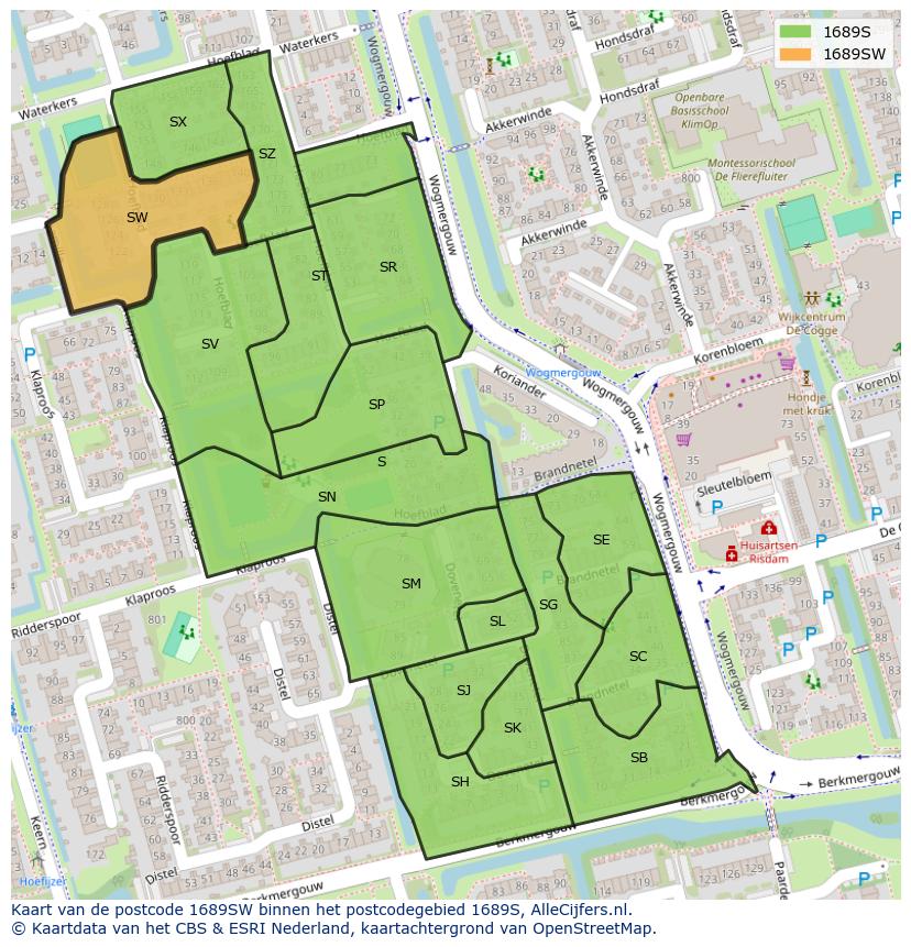 Afbeelding van het postcodegebied 1689 SW op de kaart.