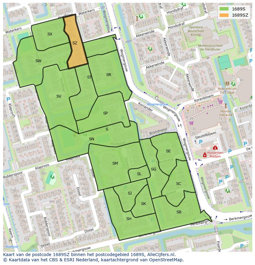 Afbeelding van het postcodegebied 1689 SZ op de kaart.