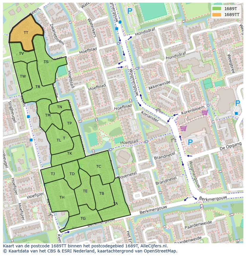 Afbeelding van het postcodegebied 1689 TT op de kaart.