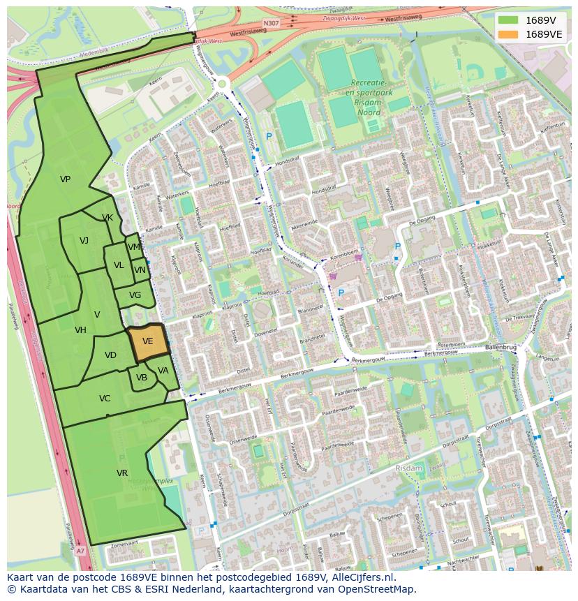 Afbeelding van het postcodegebied 1689 VE op de kaart.