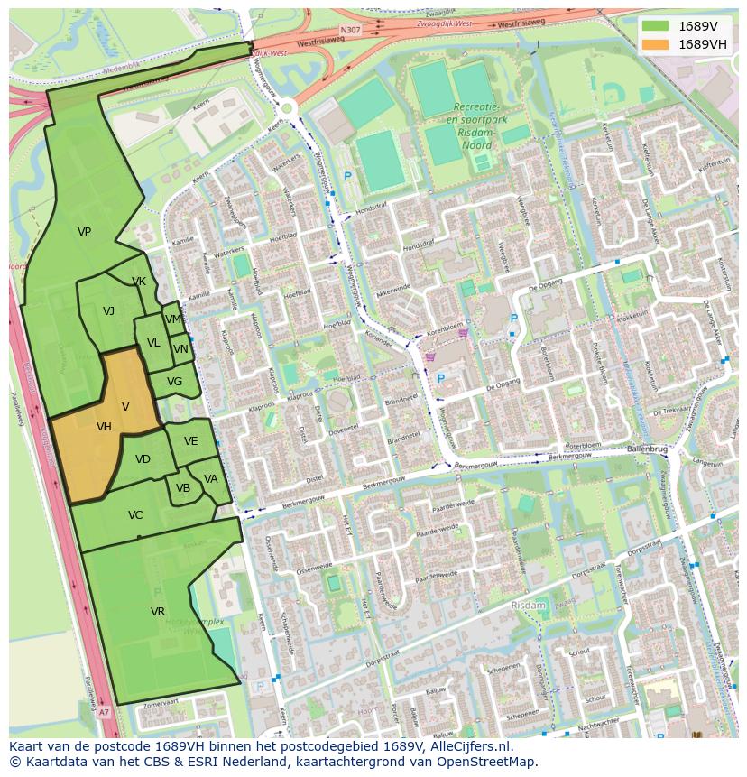Afbeelding van het postcodegebied 1689 VH op de kaart.