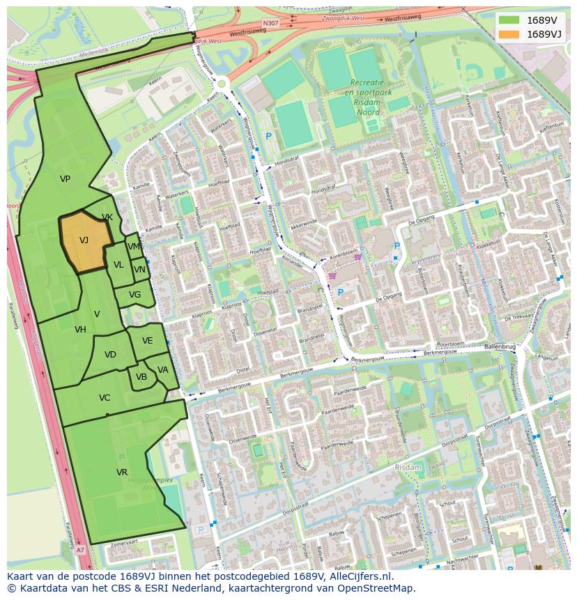 Afbeelding van het postcodegebied 1689 VJ op de kaart.