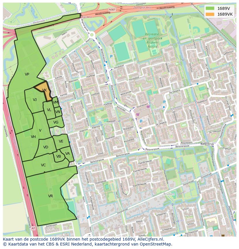 Afbeelding van het postcodegebied 1689 VK op de kaart.