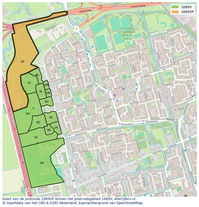 Afbeelding van het postcodegebied 1689 VP op de kaart.