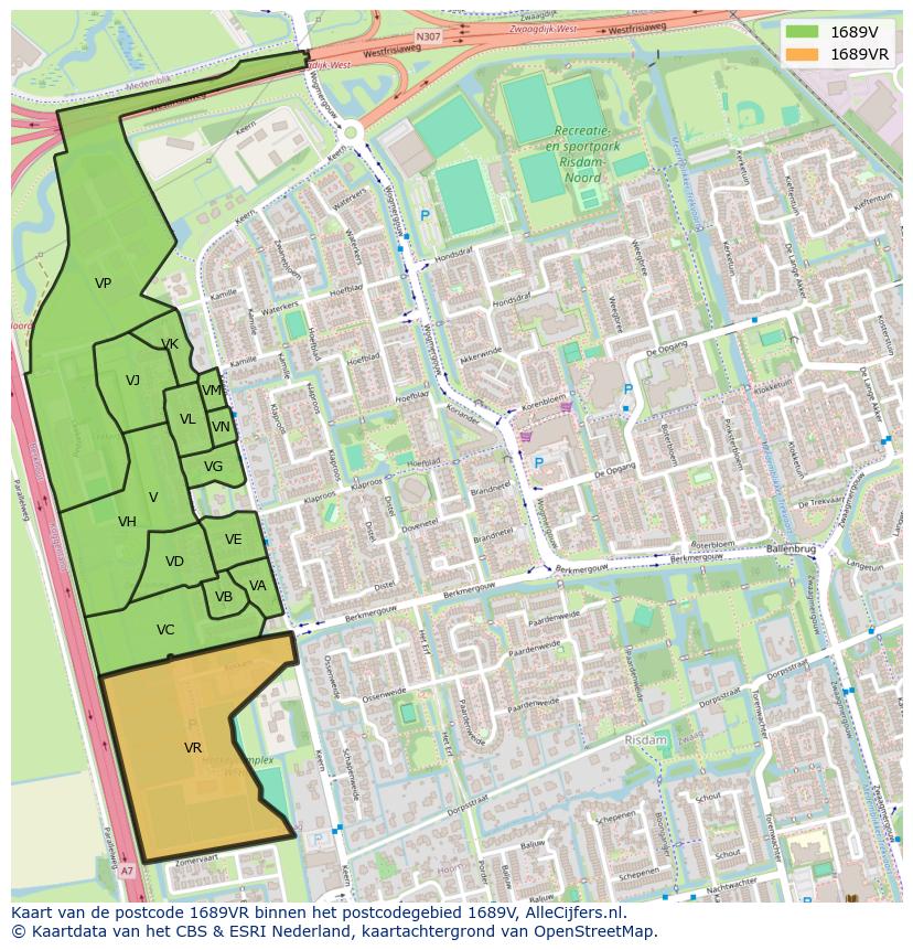 Afbeelding van het postcodegebied 1689 VR op de kaart.