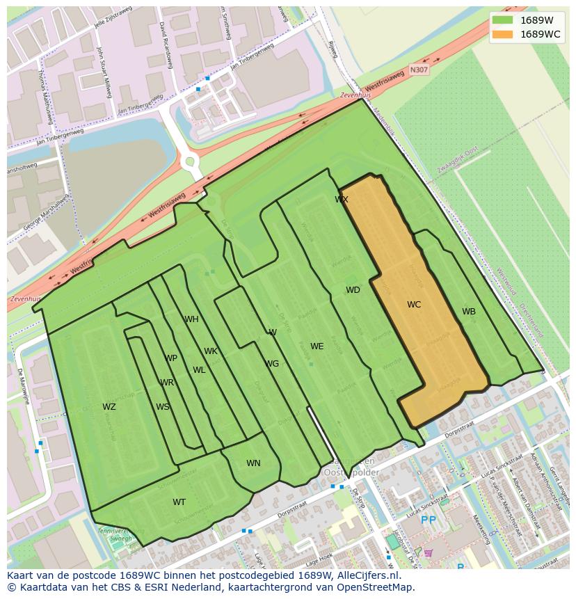 Afbeelding van het postcodegebied 1689 WC op de kaart.