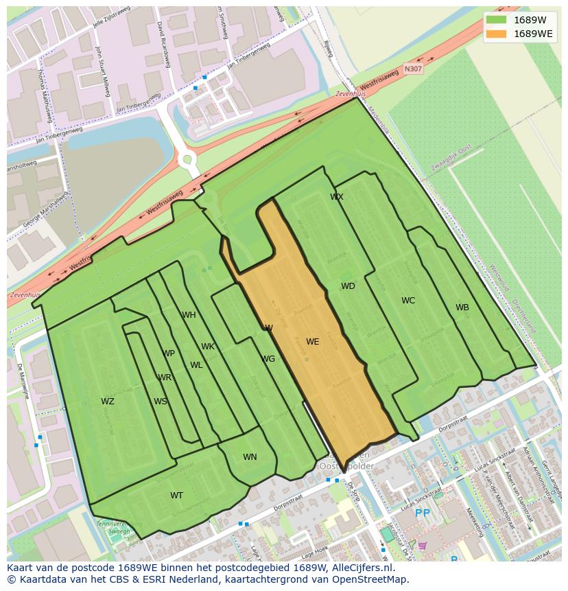 Afbeelding van het postcodegebied 1689 WE op de kaart.
