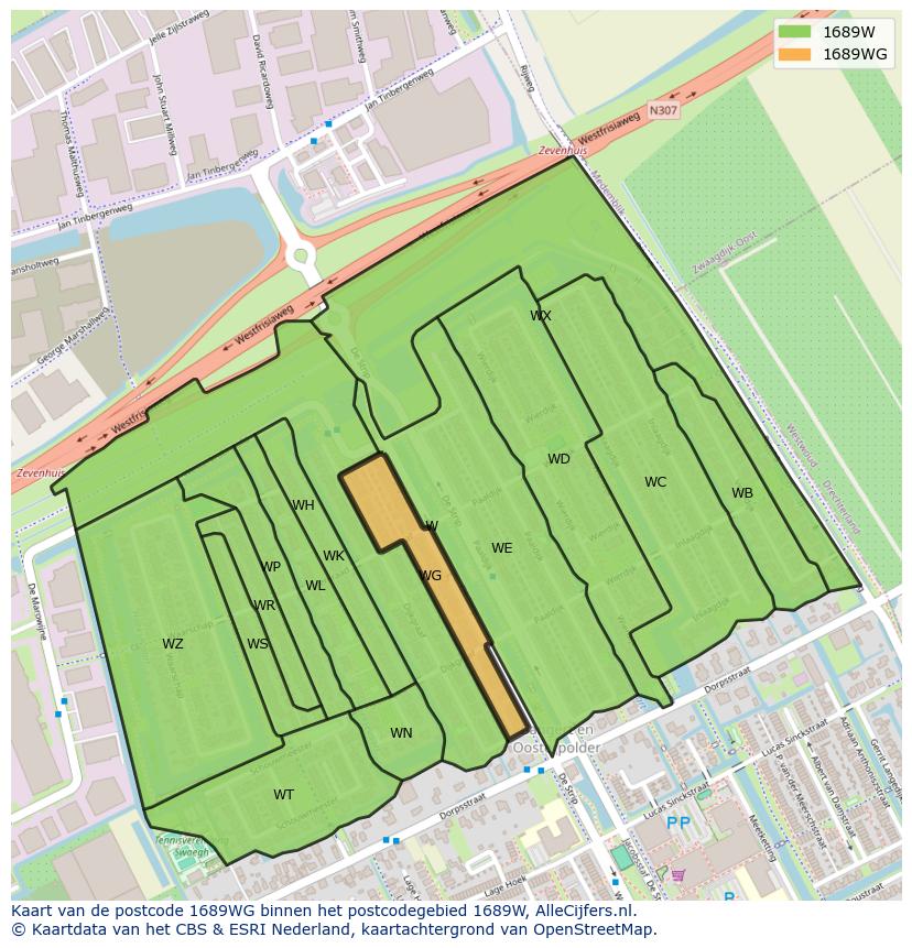 Afbeelding van het postcodegebied 1689 WG op de kaart.