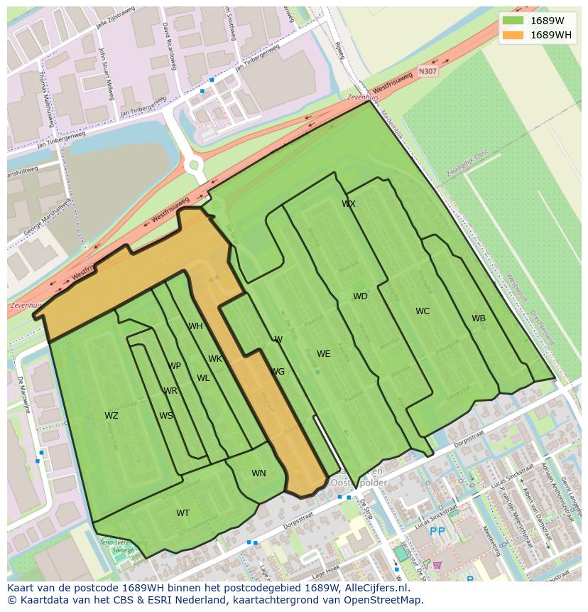 Afbeelding van het postcodegebied 1689 WH op de kaart.