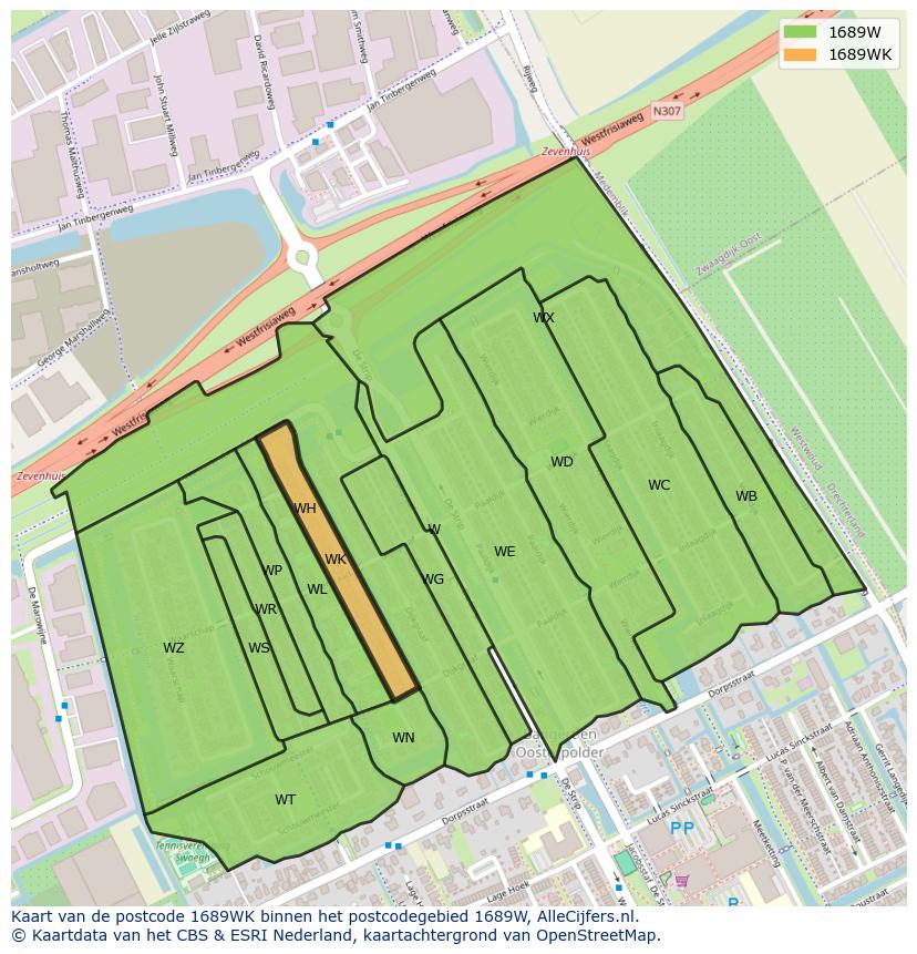 Afbeelding van het postcodegebied 1689 WK op de kaart.