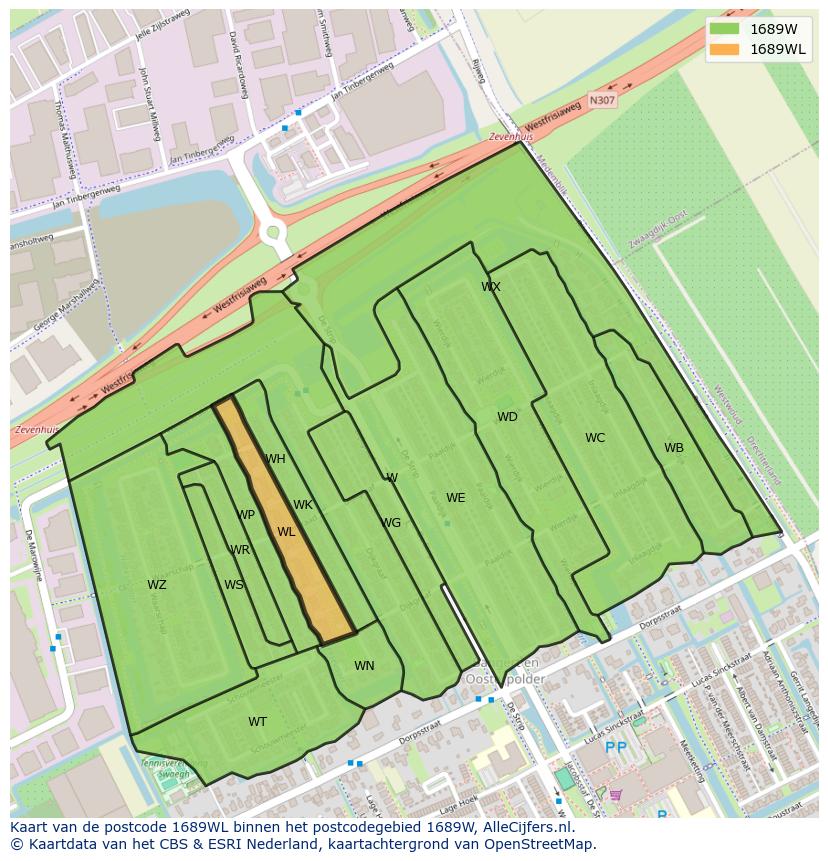 Afbeelding van het postcodegebied 1689 WL op de kaart.